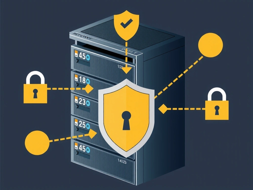 Ilustrație cu un server de date securizat și firewall digital