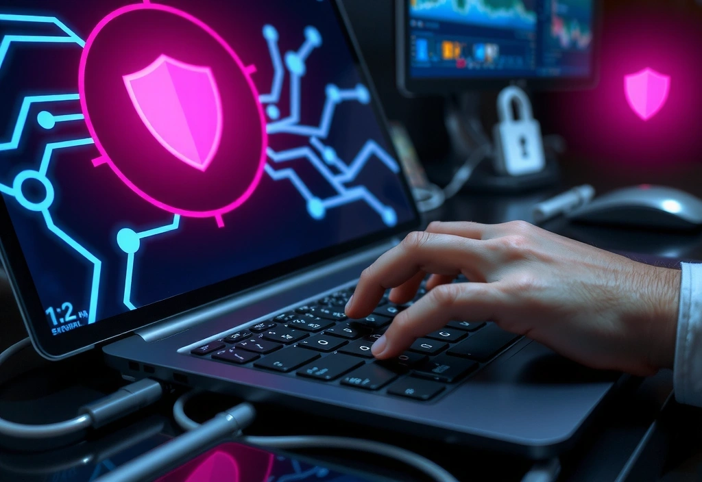 Mână tastând pe un laptop cu simboluri de securitate cibernetică plutind în jur